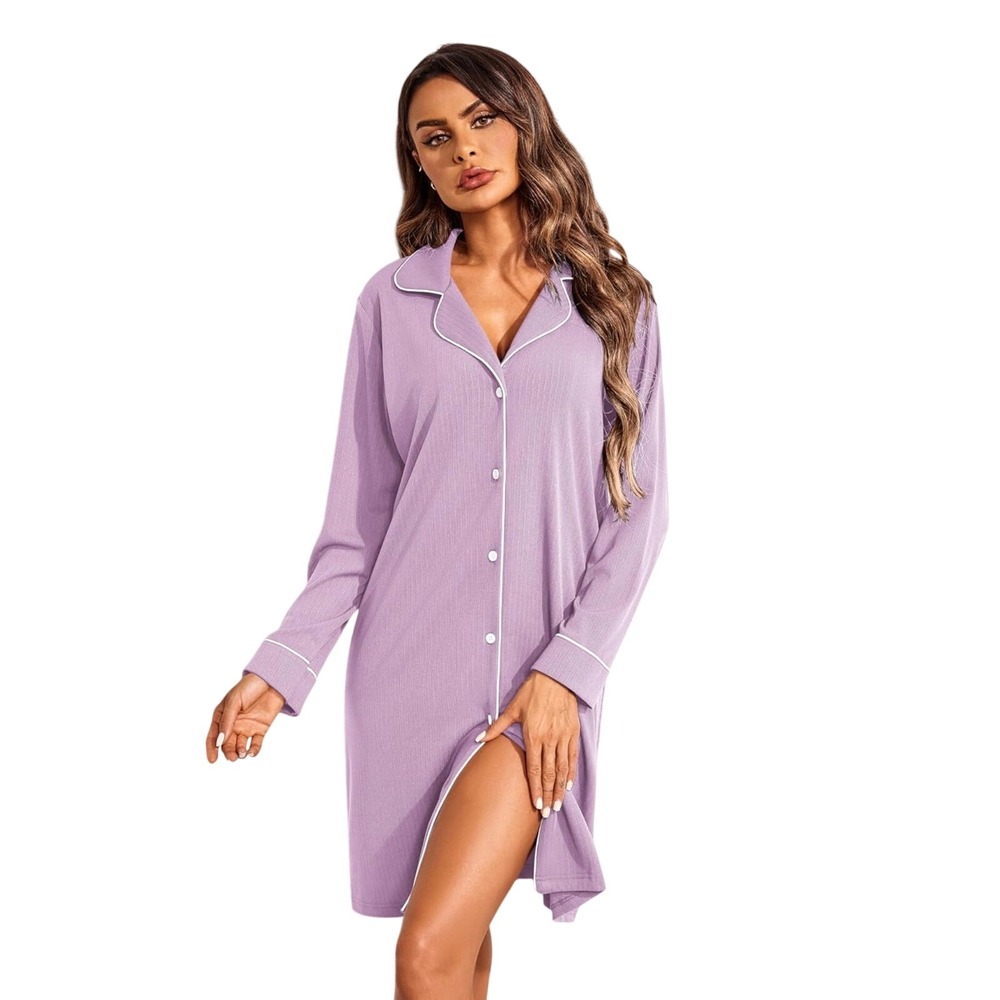 JAER Women's Lavender Button Front Nightgown‎ Long Sleeve Pajama Dress L